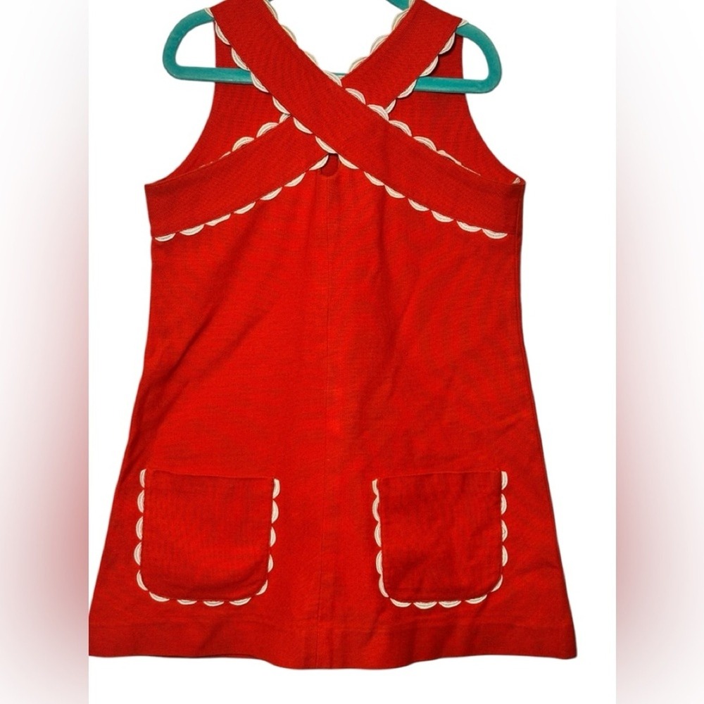 Bellina Paris Vintage Girls Red Scalloped Trim Jumper Dress Cross Front French